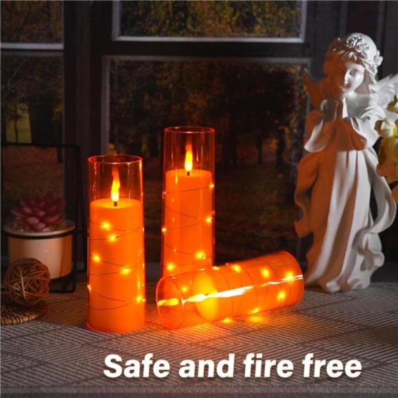 5 Pc Flameless LED Candles with Timer - Orange, Flickering, Star String Decor - Picture 6 of 6